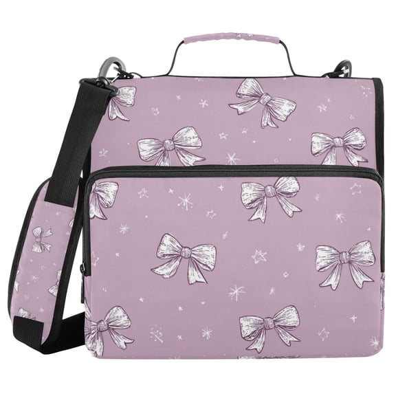 Light Purple Bows Small Stars Binder Bag with Shoulder Strap 3 Ring Zipper Binder File Folder Document Storage