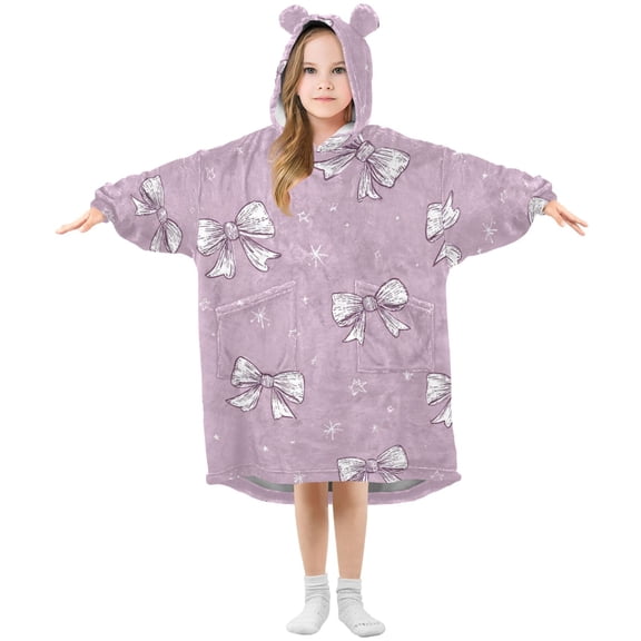 Light Purple Bows Small Stars Flannel Wearable Blankets Hooded Design Long Sleeves Wrap Unisex for 3T-14Y M