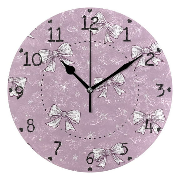 Light Purple Bows Small Stars Round Wall Clock Silent Analog Battery Operated Black Pointer Home Decor 9.84" Diameter