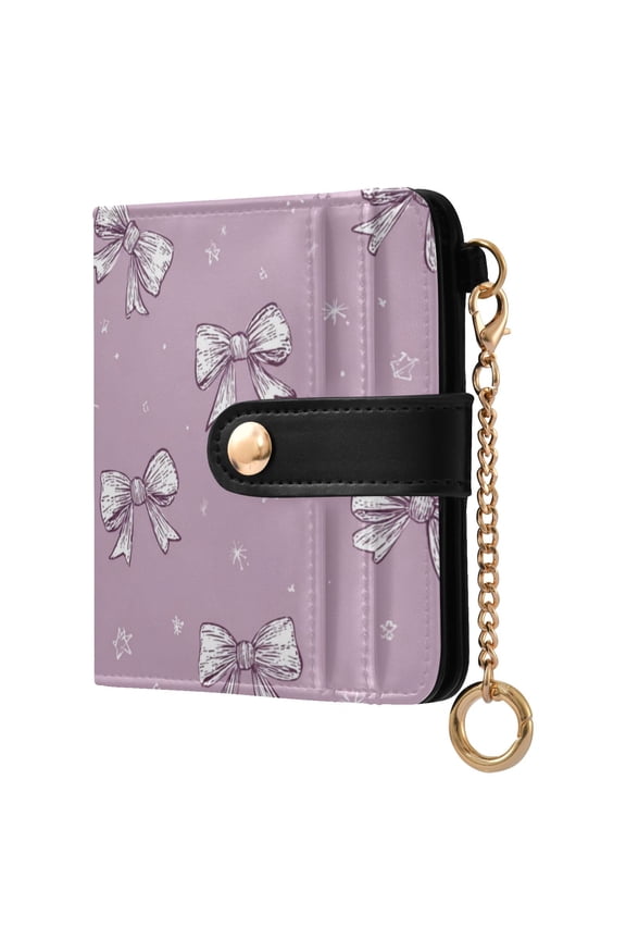 Light Purple Bows Small Stars Women's Wallet PU Leather Card Cases RFID Blocking Purse Billfold with Key Ring