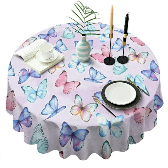 Light Purple Butterfly Pattern Round Tablecloth 60"x60",Wrinkle Wipeable Table Cloth for Kitchen Dining Room Picnic Patio Party