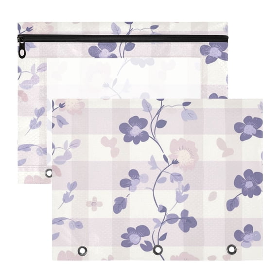 Light Purple Checkerboard Florals Leaves 3-Ring Binder Pouches A4 Size Zipper Pocket File Storage 2 Packs