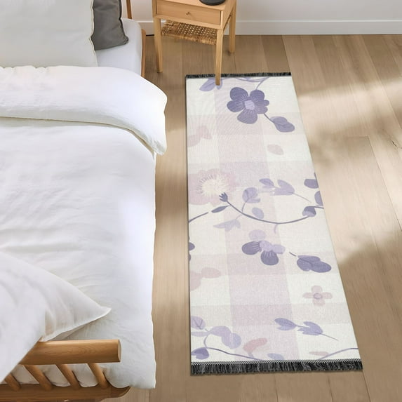 Light Purple Checkerboard Florals Leaves Bedside Runner Rug 2'x 6' Non Slip Carpet Floor Mat Area Rug