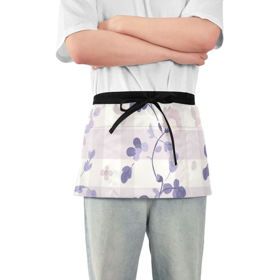 Light Purple Checkerboard Florals Leaves Short Server Apron with 3 Pockets for Unisex Chef Gardening