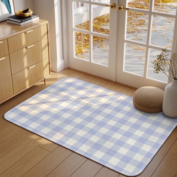 Light Purple Checks Front Door Mat Indoor Entrance, Gingham Plaid Abstract Modern Minimalist Absorbent Dirt Resist Welcome Mats Non-Slip Low-Profile Doormat Washable Entry Rug Indoor 17x30 Inch
