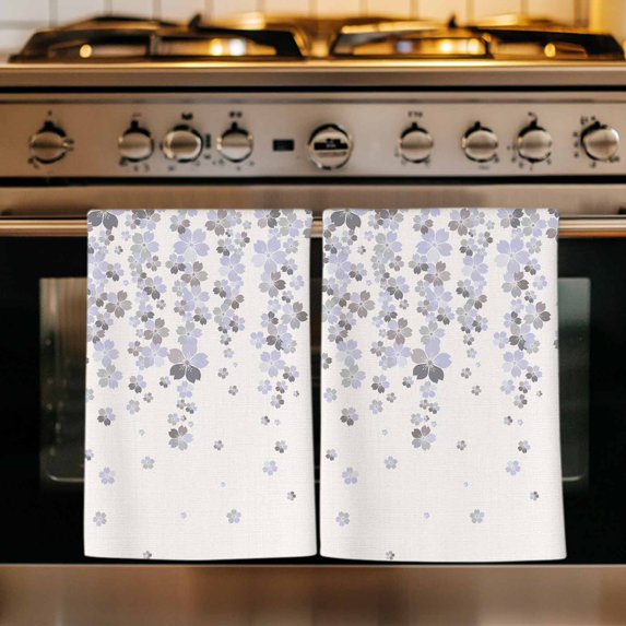 Light Purple Cherry Kitchen Towels Set of 4, Spring Floral Gray Flowers Blossom Beige Absorbent Dish Towels for Kitchen, Microfiber Hand Towel, Quick Drying Tea Towel for Cleaning Dishcloths