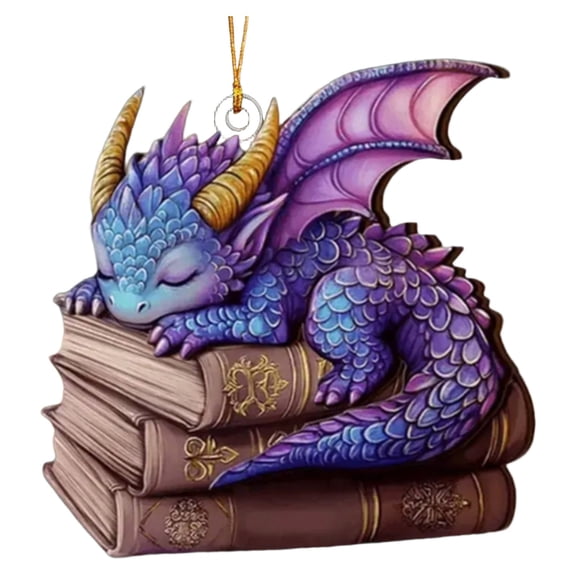 Light Purple Dragon Reading Book Ornament, 3.5 Inch Acrylic Flat Hanging Pendant - Magical Sleeping Dragon Decor for Bookshelf, Christmas Tree - Unique Birthday Gift for Book Lover