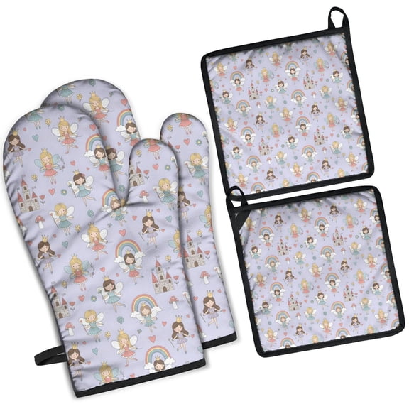 Light Purple Fairy Princess Pattern Kitchen Oven Mitt and Pot Holder Sets 2 Pcs for Baking, Cooking and Grilling, Heat Resistant Up To 392 °F