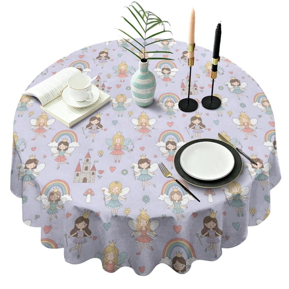 Light Purple Fairy Princess Pattern Round Tablecloth 60"x60",Wrinkle Wipeable Table Cloth for Kitchen Dining Room Picnic Patio Party
