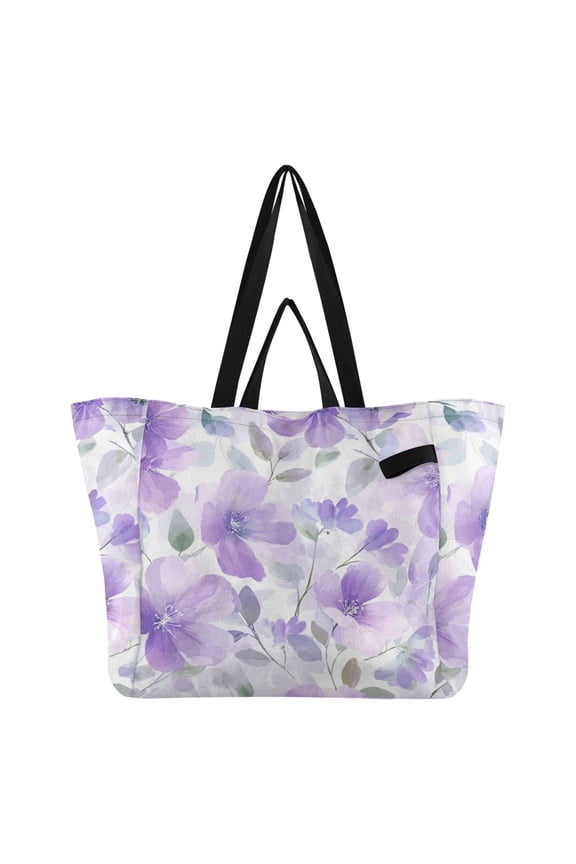 Light Purple Florals Foldable Canvas Tote Bags Reusable Grocery Bags Laundry Bags Beach Bag 32L