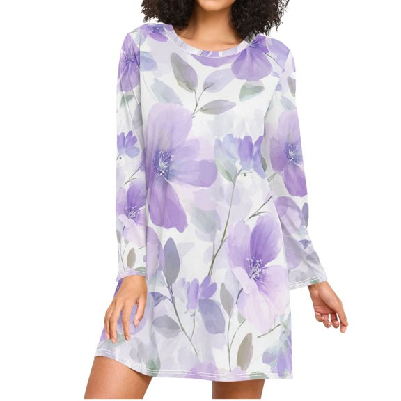 Light Purple Florals Women's Long Sleeves Nightgowns Sleepwear Soft Pajama A-line Sleep Dress L