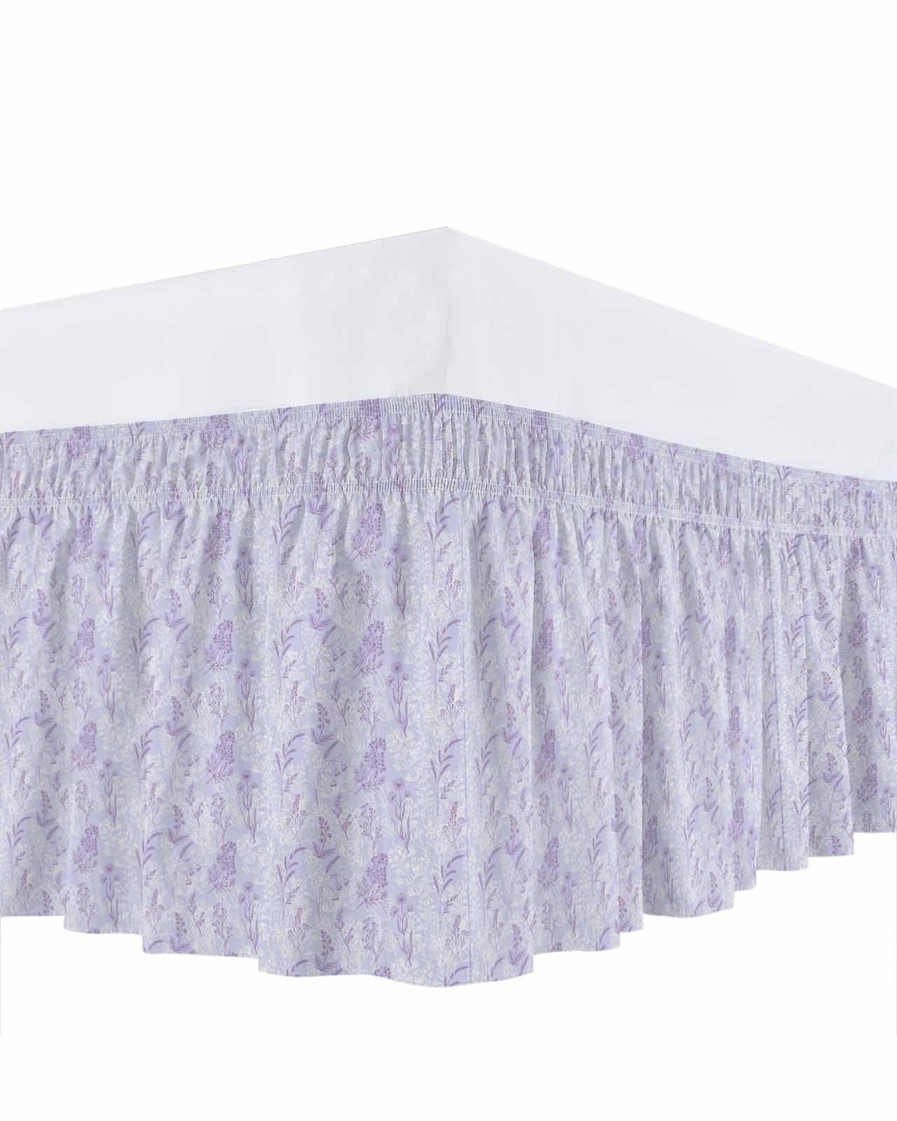 Light Purple Flowers Bed Skirt Queen Size 16 Inch Drop, Spring Lavender Floral Leaf Botanical Adjustable Elastic Dust Ruffles Bedskirt for Queen Bed Wrap Around Pleated Mattress Frame Cover