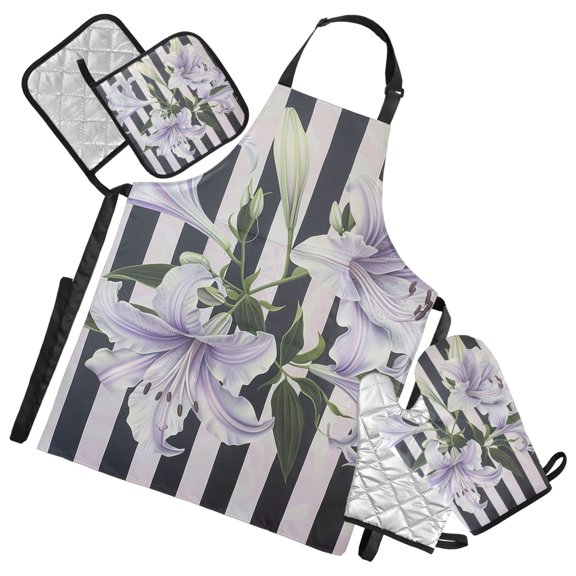 Light Purple Flowers Black-white Stripes Apron Set with Oven Mitts Pot Holders Set of 5 Kitchen Stuff Accessories