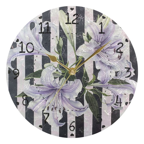 Light Purple Flowers Black-white Stripes Round Wall Clock Silent Analog Battery Operated Gold Pointer Home Decor 9.84" Diameter