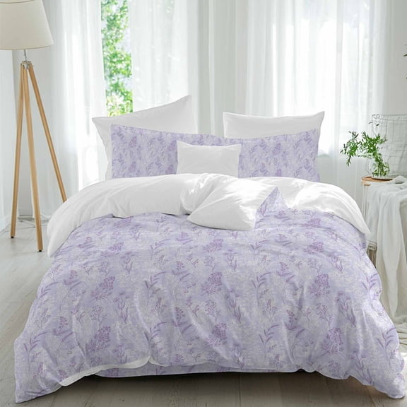 Light Purple Flowers Full Size Comforter Set, Spring Lavender Floral Leaf Botanical Bedding for All Seasons, 4 Pcs Bed Set, 1Quiltcover (86"x86") ,1Sheet(80"x116"), 2Pillowcases (30"x20")