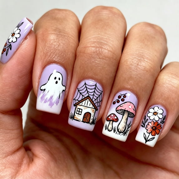 Light Purple Gradient Ghost Wooden House Floral Nail Patches 24Pcs, Cute Halloween Press On Nails False Nails with Dreamy Fairy Tale Style, Reusable Almond Shape Fake Nails for Women