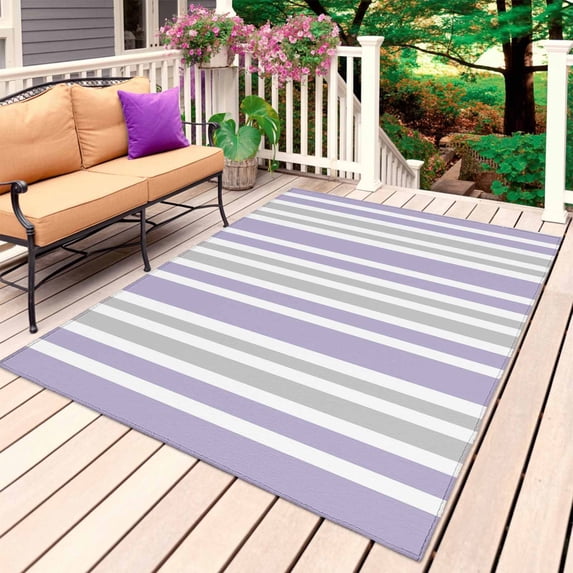 Light Purple Grey Stripe Outdoor Rug 6x9 Ft, Non Slip Washable Area Rug, Farmhouse Minimalist Striped Patio Rugs Carpet Runner, Large Floor Mat for Indoor/Outdoor Deck Porch Camping