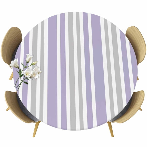 Light Purple Grey Stripe Round Tablecloth, Fitted Table Cover with Elastic for 45"-54" Round Tables, Farmhouse Minimalist Striped Table Cloth Outdoor Indoor Dinning Party Waterproof Tablecloths