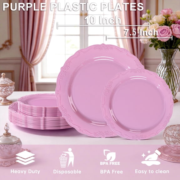 Light Purple Heavy Duty Disposable Plastic Party Plates Set, 30 Dinner 10'' & 30 Dessert 7.5''