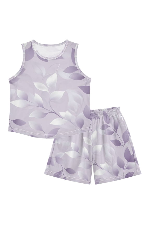 Light Purple Leaves Vines Pajamas Set Sleeveless Sleepwear Tank Tops with Shorts Loose Fit Lounge Wear Unisex 7-8Y
