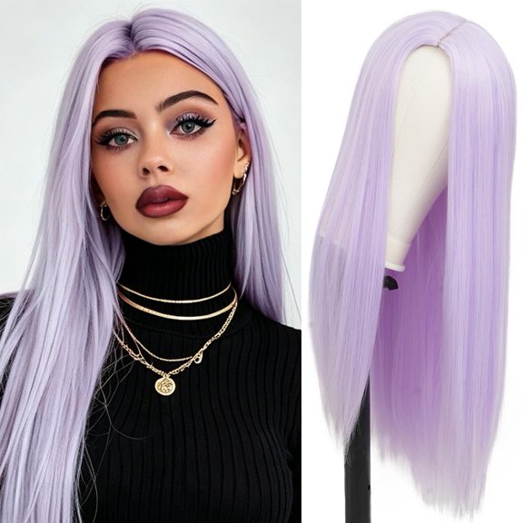 Light Purple Long Straight Wig Womens Synthetic Fiber Hair Naturally Middle Split Wig Dating Daily Cosplay Halloween Wig