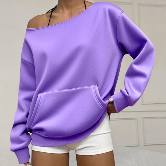 Oversized Sweatshirt for Women Trendy Off the Shoulder Sweatshirt with Pockets Loose Fit Fall Fashion Clothing Light Purple M