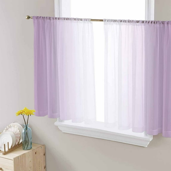 Light Purple Ombre Semi Sheer Curtains 45 Inch Length 2 Panels Set, Modern Gradient Abstract Art Sheer Kitchen Curtain Privacy Voile Window Curtain for Living Room Bedroom Rod Pocket Drapes