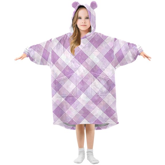 Light Purple Plaid Pattern Flannel Wearable Blankets Hooded Design Long Sleeves Wrap Unisex for 3T-14Y M