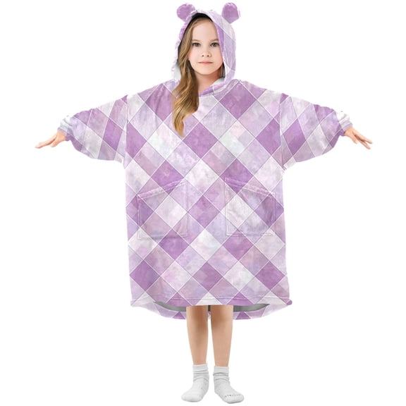 Light Purple Plaid Pattern Flannel Wearable Blankets Hooded Design Long Sleeves Wrap Unisex for 3T-14Y S