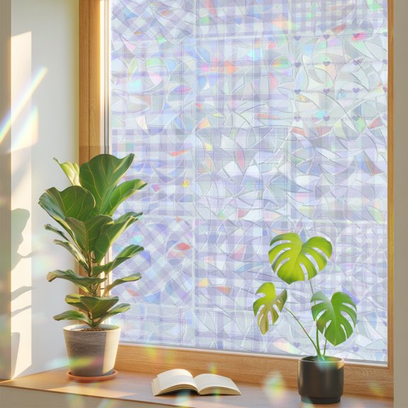 Light Purple Plaid Window Privacy Film, Violet Mixed Gingham Pattern Grid Patch Static Cling Stained Glass Window Sticker Decorative Removable Rainbow Film for Glass 17.7”x39.3”