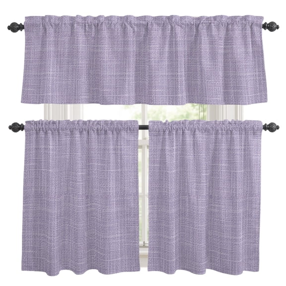 Light Purple Solid Kitchen Curtains Set for Windows, Minimalist Cloth Lavender Purple Linen Texture Curtains Valance and Tier 3 Piece Set Small Drapes 24 Inch Length for Kitchen Bedroom Decor