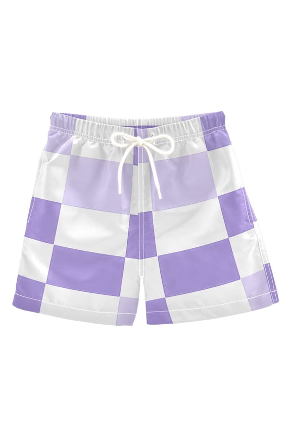 Light Purple Squares Pattern Swim Trunks Quick Dry Beach Pool Board Shorts Lightweight Stylish Print Sizes 2T to XL