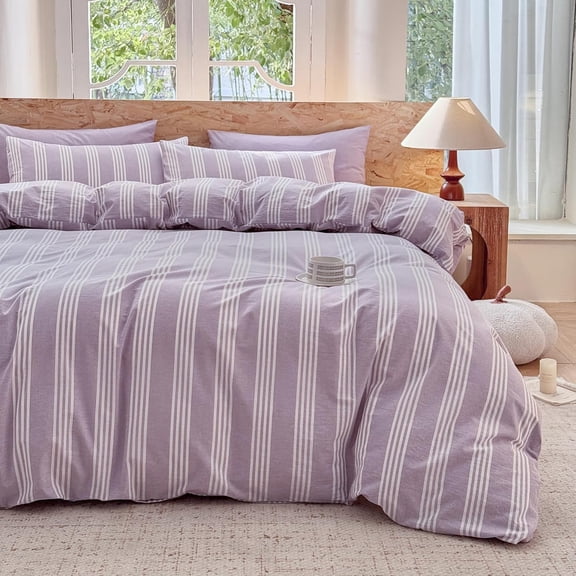Light Purple Striped Duvet Cover Set 100% Washed Cotton Linen Like Super Soft Chic Bedding Set 3 Pcs Light Purple-White Full