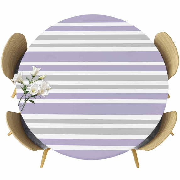 Light Purple Stripes Round Tablecloth, Fitted Table Cover with Elastic for 36"-44" Round Tables, Modern Minimalist Horizontal Lines Table Cloth Outdoor Indoor Dinning Party Waterproof Tablecloths