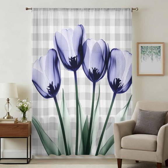 Light Purple Tulip Sheer Curtains 45 Inches Long, Farmhouse Flowers Grey Checkered Light Filering Curtains, Breathable Simi Curtain Privacy Drapes for Kitchen Bathroom Small Window Treatment