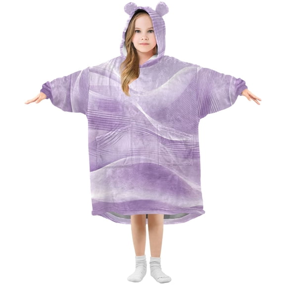 Light Purple Wave Lines Flannel Wearable Blankets Hooded Design Long Sleeves Wrap Unisex for 3T-14Y S