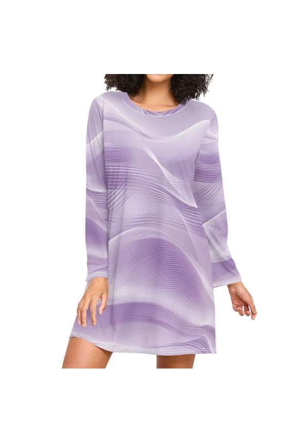 Light Purple Wave Lines Women's Long Sleeves Nightgowns Sleepwear Soft Pajama A-line Sleep Dress XL