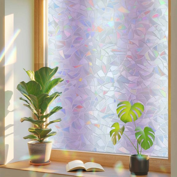 Light Purple White Privacy Window Film, Decorative Stained Glass Window Film, Gradient Solid Stripes Geometric Resuable Rainbow Static Cling for Home Bathroom Living Room Glass Door 17.7"x39.3"