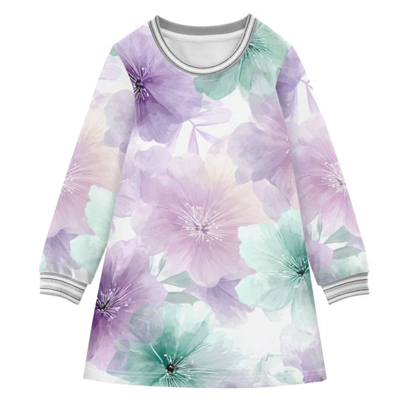 Light Purple and Green Flowers Long-sleeved Dress A-line One-Piece Dress for 2-8 Years Casual Party 2T