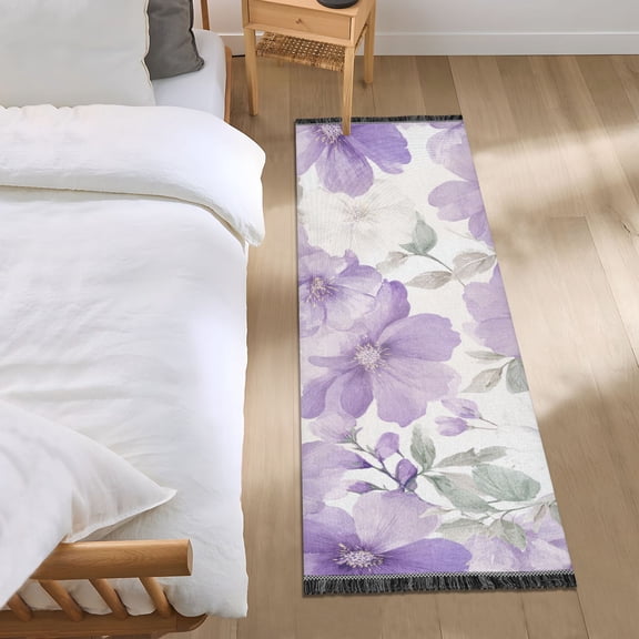 Light Purple and White Florals Bedside Runner Rug 2'x 6' Non Slip Carpet Floor Mat Area Rug