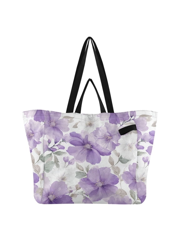 Light Purple and White Florals Foldable Canvas Tote Bags Reusable Grocery Bags Laundry Bags Beach Bag 32L