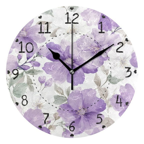 Light Purple and White Florals Round Wall Clock Silent Analog Battery Operated Black Pointer Home Decor 9.84" Diameter