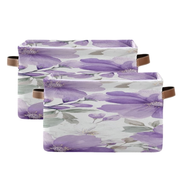 Light Purple and White Florals Square Storage Bins with Handles Collapsible Containing Box 2 Packs
