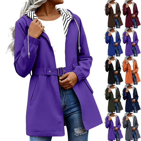 Light Rain Jacket For Women With Belt Outdoor Long Sleeves Hooded Solid Color Windproof Loose Pocketed Windbreaker with Pockets for Outdoor