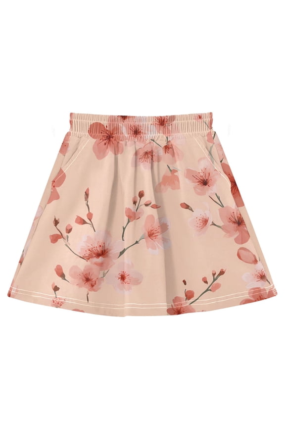 Light Red Background Cherry Blossom Pattern Cotton Skirt Built-in Liner Elastic A-Line Flared Skirt with Pockets