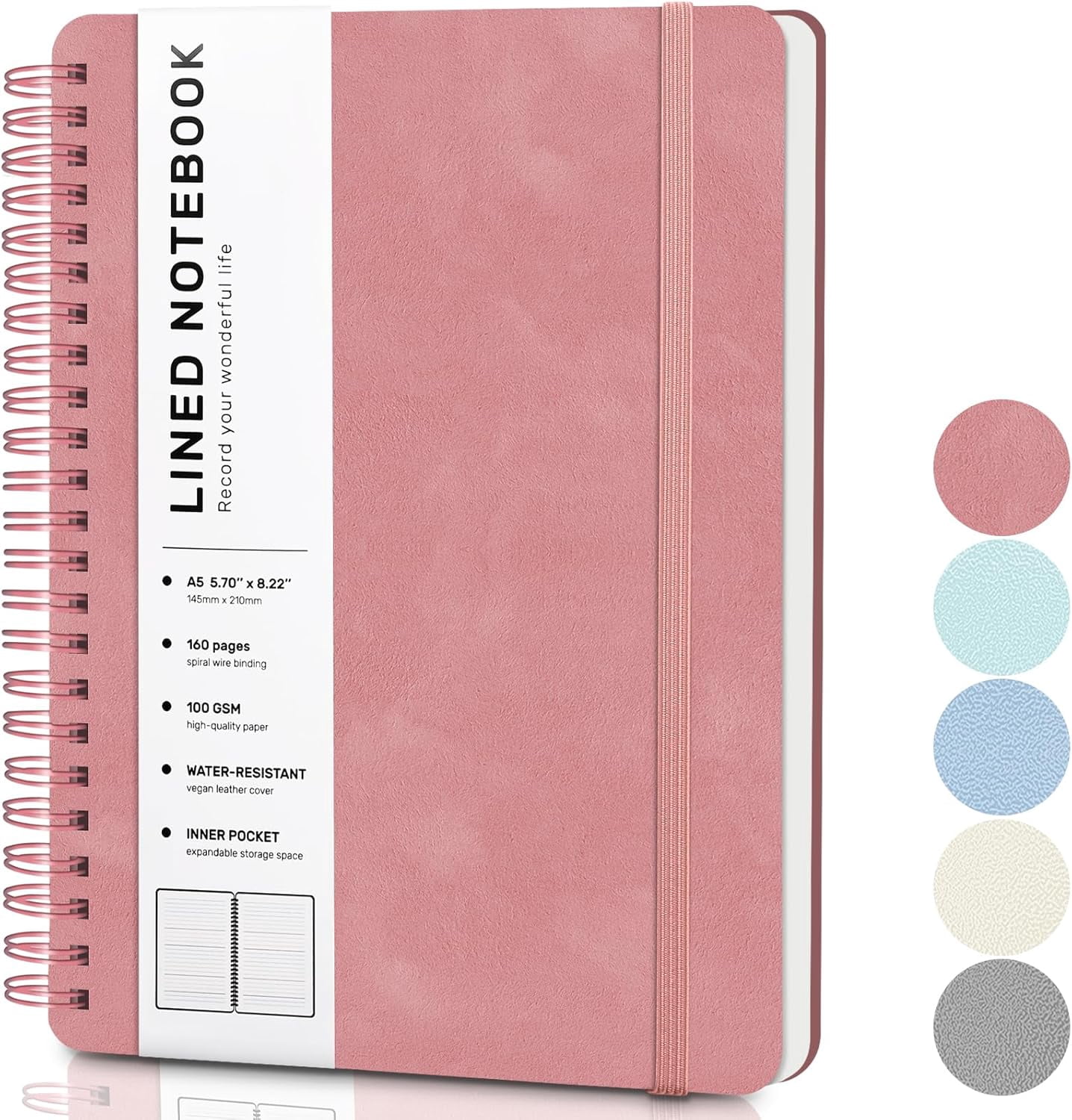 Light Red Lined Spiral Journal Notebook with 160 Pages, 8×5.7in, A5 Spiral Notebook, Journaling Notebooks for Work, School, Women, Men, College Ruled Spiral Notebook, Hardcover Leather Journals