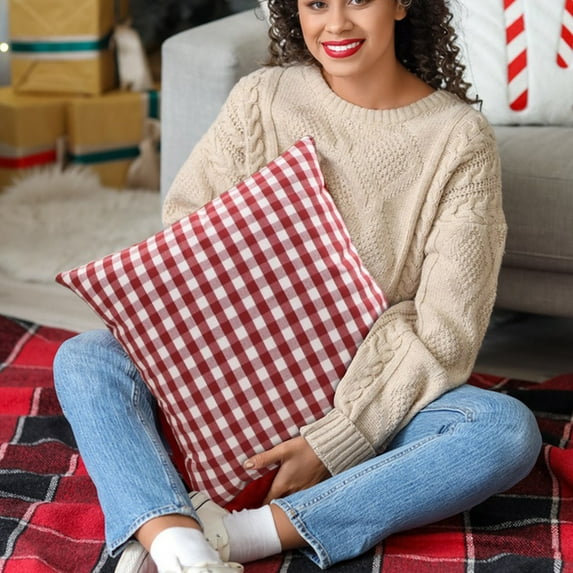Light Red Pillow Covers Farmhouse Plaid Throw Pillows 18 Inch Spring Summer Red Decorative Pillow Decor for Couch Sofa and Porch Chair Farmhouse Square Pillowcases, Gray Red