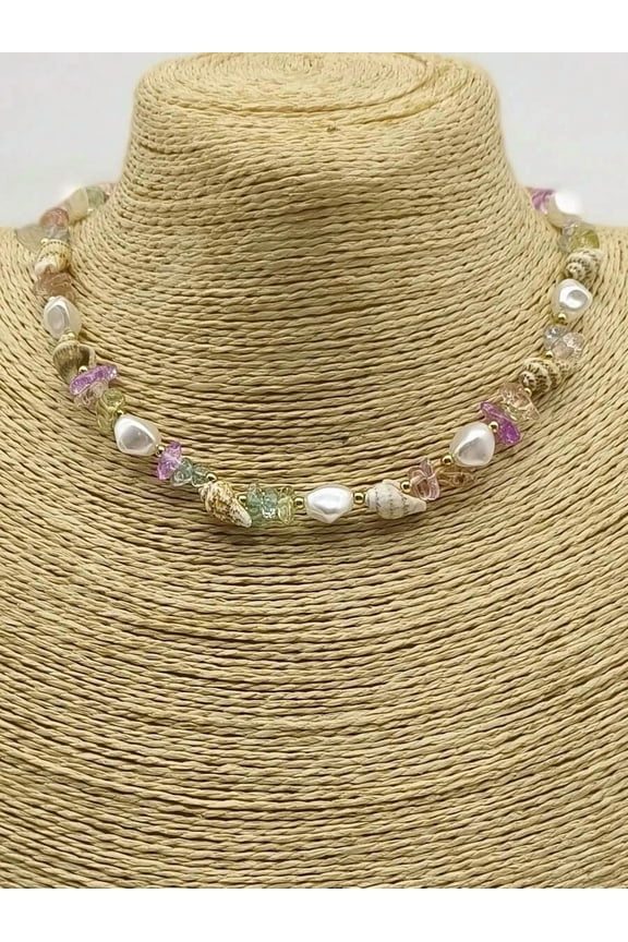 Light Red Seashell And Pearl Beaded Necklace, Bohemian Coastal Style Statement Jewelry For Women