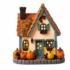 Light Up Resin Cottage House with Pumpkins - Halloween & Thanksgiving Autumn Fall Decoration, Battery Operated LED Glowing Miniature Village Tabletop Decor
