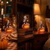 Light Up Resin Skeleton On LED Jack O Lantern Figurine, Battery Operated Flickering Warm Glow Tabletop Statue, Detailed Spooky Accent For Windowsill Mantel Halloween Party Home Decor Gifting